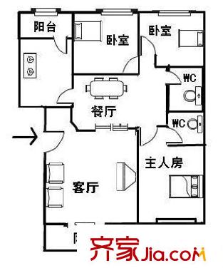 南国奥园雅典区户型图3室1厅户型图 3室2厅2卫1厨