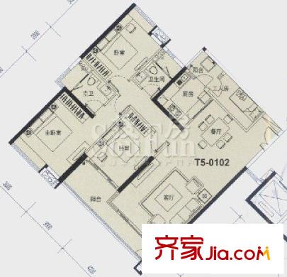 兰亭御园户型图T5栋0102户型 3室2厅2卫1厨