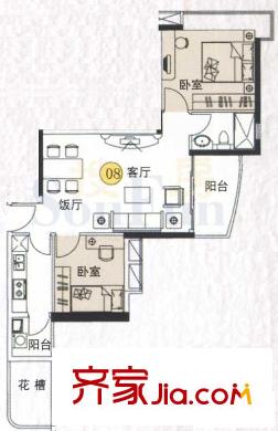 富力朗逸轩户型图3-13层08单位 2室2厅1卫1厨