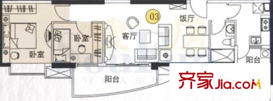 富力朗逸轩户型图3-13层03单位 2室2厅1卫1厨