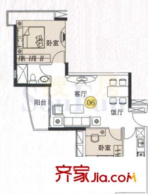 富力朗逸轩户型图3-13层06单位 2室2厅1卫1厨