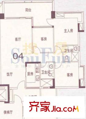 雅郡花园会展宫寓户型图A1-2栋3室2厅 3室2厅2卫1厨