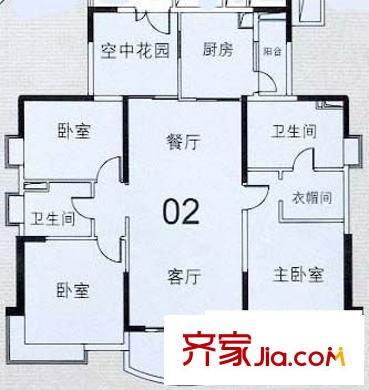 汇景新城上城峰境户型图3室2厅户型图 3室2厅2卫1厨