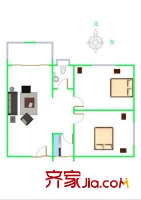 中山三院宿舍户型图2室1厅 55平方米 户型图 2室1厅1卫1厨