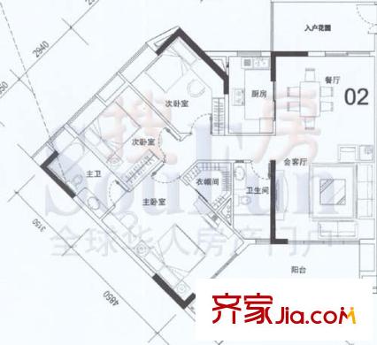 小城之春户型图2栋02单位 3室2厅2卫1厨