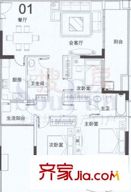 小城之春户型图3栋01单位 3室2厅2卫1厨