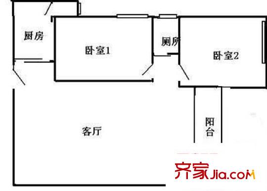 东山锦轩户型图2室1厅户型图 2室1厅1卫1厨