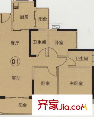 中海橡园国际户型图4栋01单元户型图 3室2卫1厨