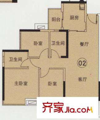 中海橡园国际户型图4栋02单元户型图 3室2厅2卫1厨