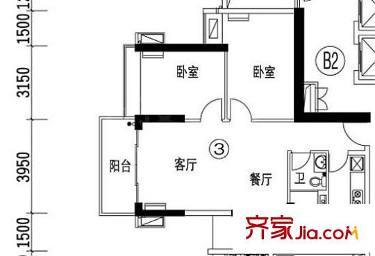 保利中辰广场户型图B2栋03单元 2室2厅1卫1厨