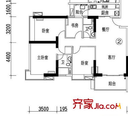 保利中辰广场户型图B2栋02单元 4室2厅2卫1厨