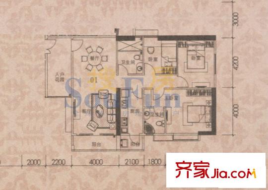御东和府户型图南塔标准层01单位 3室2厅