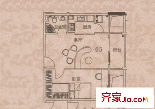 御东和府户型图南塔标准层05单元 1室1厅1卫1厨