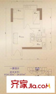 馨润尚寓户型图B1座08/09单元和B2座04/05单元 1室2厅1卫1厨