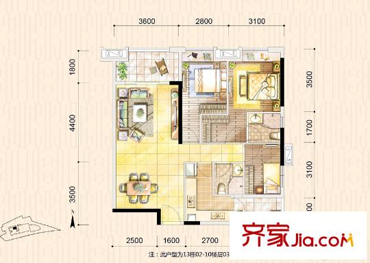 时代倾城13栋2-10层03单元97平方米 3室2厅2卫1厨