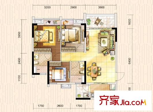 时代倾城B户型91平方米 3室2厅2卫1厨