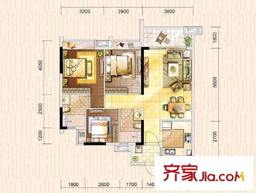 时代倾城C户型92平方米 3室2厅2卫1厨