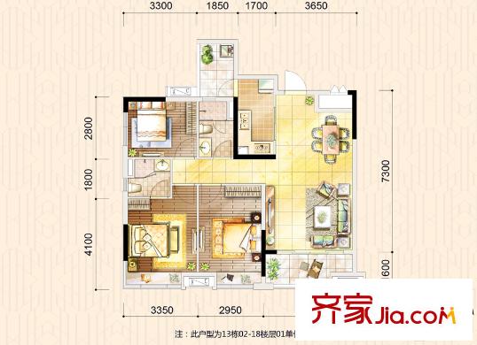 时代倾城13栋2-18层01单元103平方米 3室2厅2卫1厨