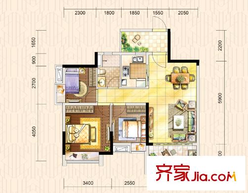 时代倾城D户型82平方米 3室2厅1卫1厨