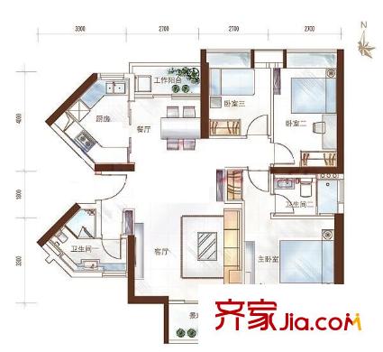 富力盈丰大厦户型图3室2厅户型图 3室2厅2卫1厨