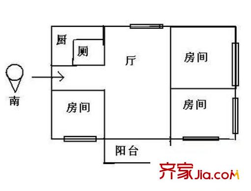 粤韵庭园户型图3室1厅户型图 3室1厅1卫1厨