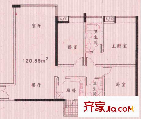 新世界东逸花园蓝谷户型图3室2厅户型图 3室2厅1卫1厨