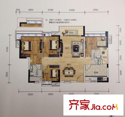 盛南新都A区10座(01+02)/(03+04)户型122平方米 3室2厅2卫1厨