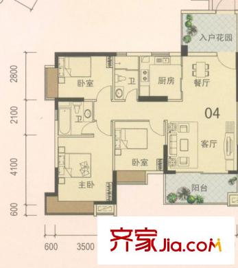 盛南新都1座04户型 3室2厅2卫1厨