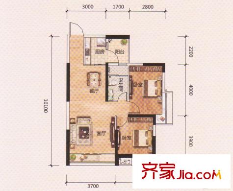 盛南新都1座75平方米D户型 2室2厅1卫1厨