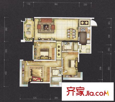 增城雅居乐御宾府户型图7座01单位 3室2厅2卫1厨