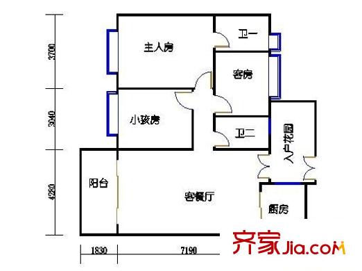 富力院士庭一期户型图3室2厅户型图 3室2厅2卫1厨
