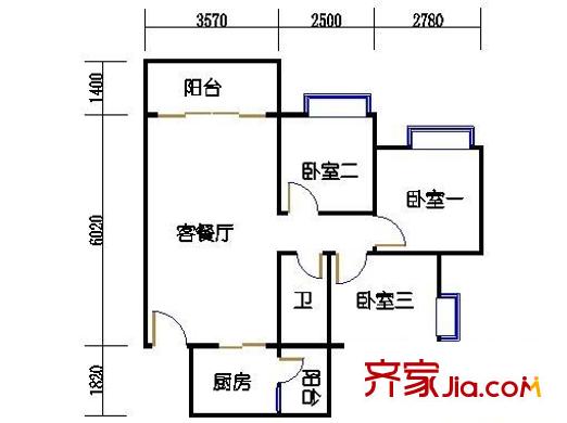 富力院士庭一期户型图3室2厅户型图 3室2厅1卫1厨