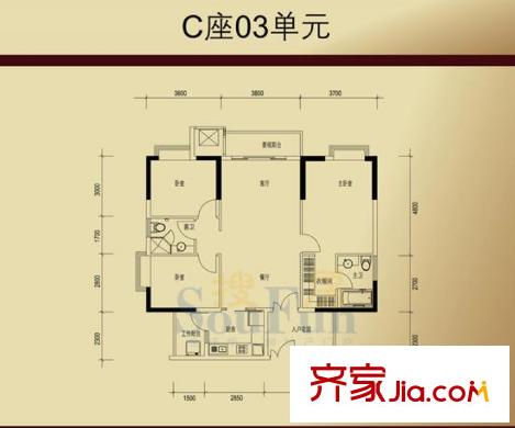 嘉裕丹顿阳光户型图C座03单元 2室2厅2卫1厨