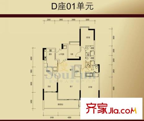 嘉裕丹顿阳光户型图D座01单元 4室2厅3卫1厨