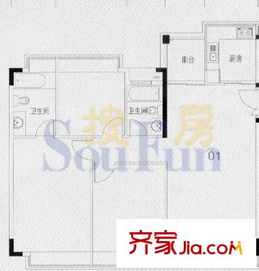 世港国际公寓户型图F栋2-11层平面 3室2厅2卫1厨
