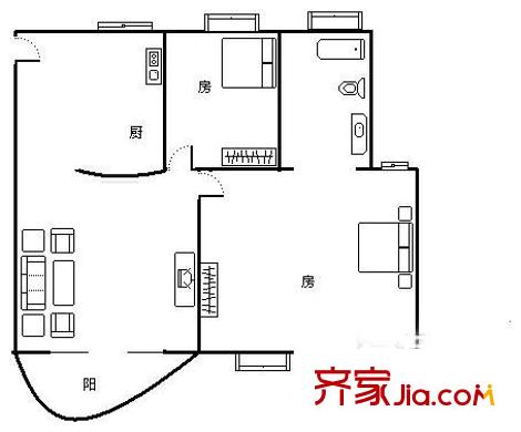 中海锦苑户型图2室1厅户型图 2室1厅1卫1厨
