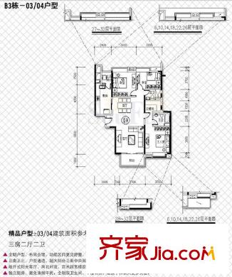 尚东峰景户型图B3栋03、04单元 3室2厅2卫