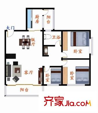 尚东峰景户型图3室2厅户型图 3室2厅1卫1厨