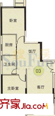 珠江都荟户型图A3栋3-7层03单位 2室2厅1卫1厨
