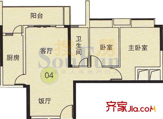 珠江都荟户型图A3栋3-7层04单位 2室2厅1卫1厨