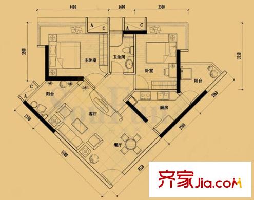 天河南兴花园户型图2室2厅户型图 2室2厅1卫1厨