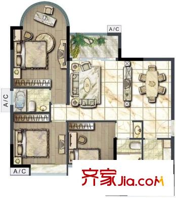 骏景花园北苑户型图3室1厅户型图 3室2厅2卫1厨