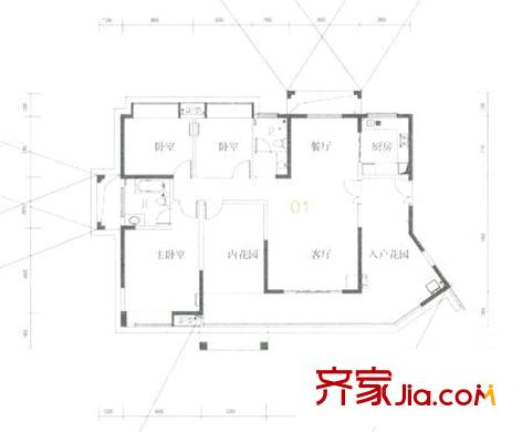 深业城9栋标准层01户型 3室2厅2卫1厨