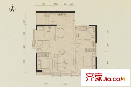 方圆・越秀时光F户型图 3室2厅2卫1厨