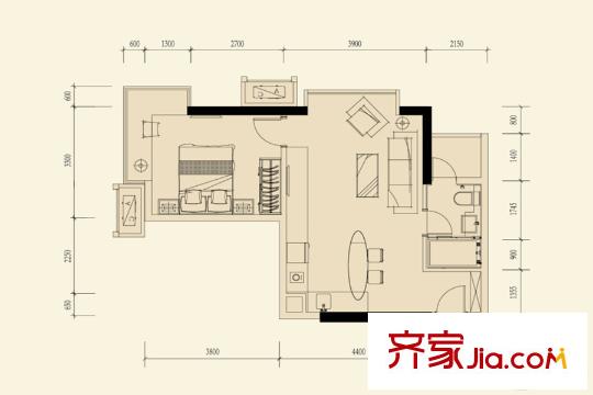 方圆・越秀时光B户型图 1室1厅1卫1厨
