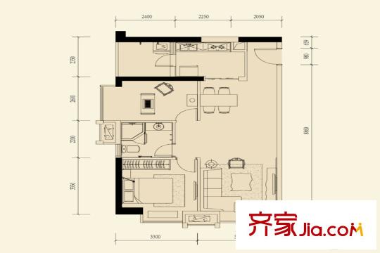 方圆・越秀时光A户型图 2室1厅1卫1厨
