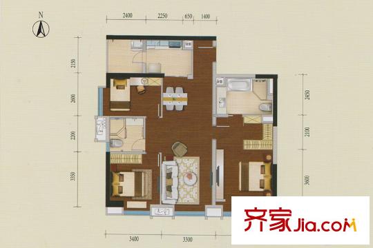 方圆・越秀时光F户型图 3室2厅2卫1厨