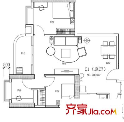 麓湖御景户型图C栋标准层01户型 2室2厅2卫1厨