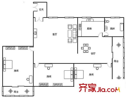 中山一路小区户型图3室2厅户型图 3室2厅1卫1厨