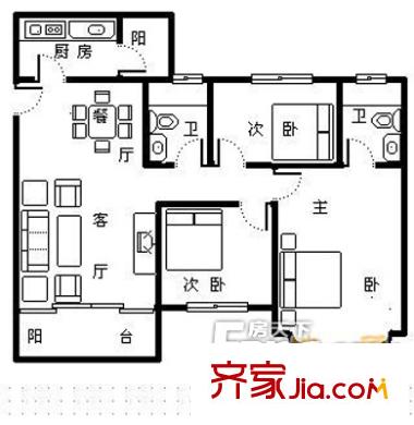 碧桂园凤凰城凤仪苑户型图3室2厅户型图 3室2厅1卫1厨
